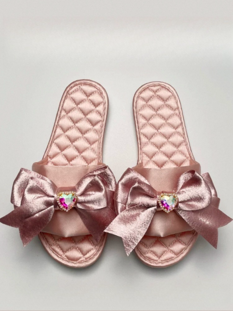 Romantic Satin House Slippers Champagne Pink Soft Non Slip