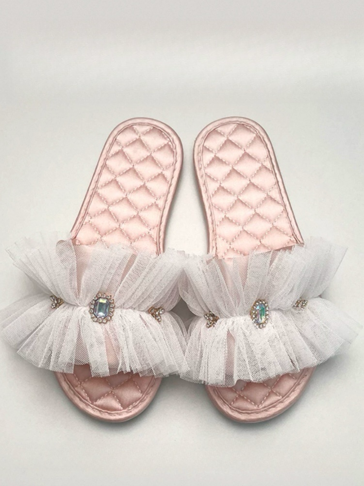 Luxury Champagne Pink Satin Soft Sole House Slippers