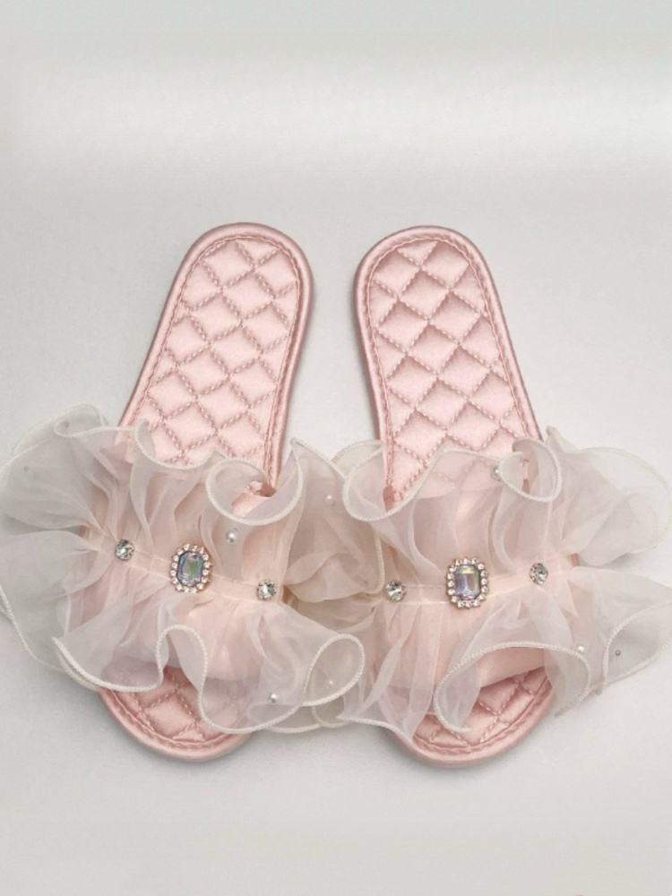Soft Sole Champagne Pink Satin Home Slippers Non Slip