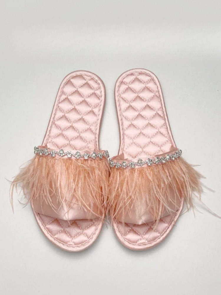 Graceful Champagne Pink Satin House Slippers Soft Non Slip