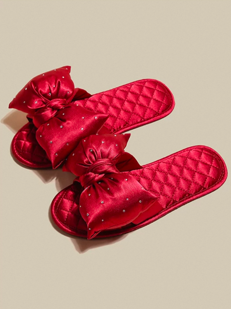 Cute Satin Bow House Slippers Soft Sole Non Slip Indoor