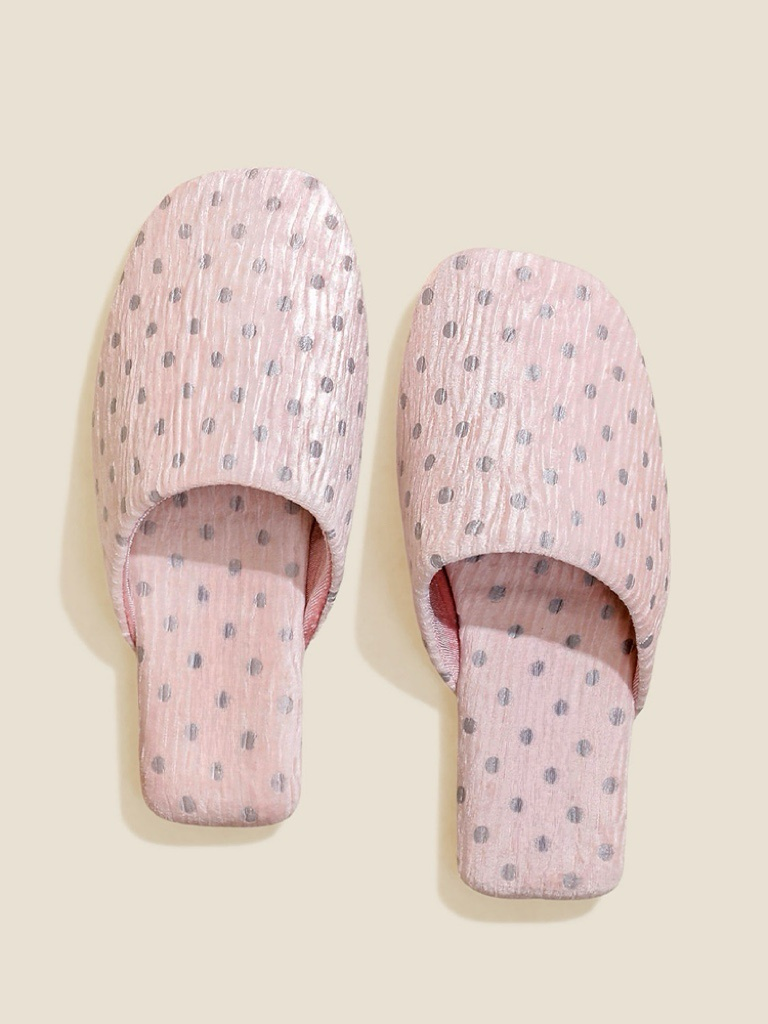Vintage Polka Dot Crinkle Fabric House Slippers Warm Indoor
