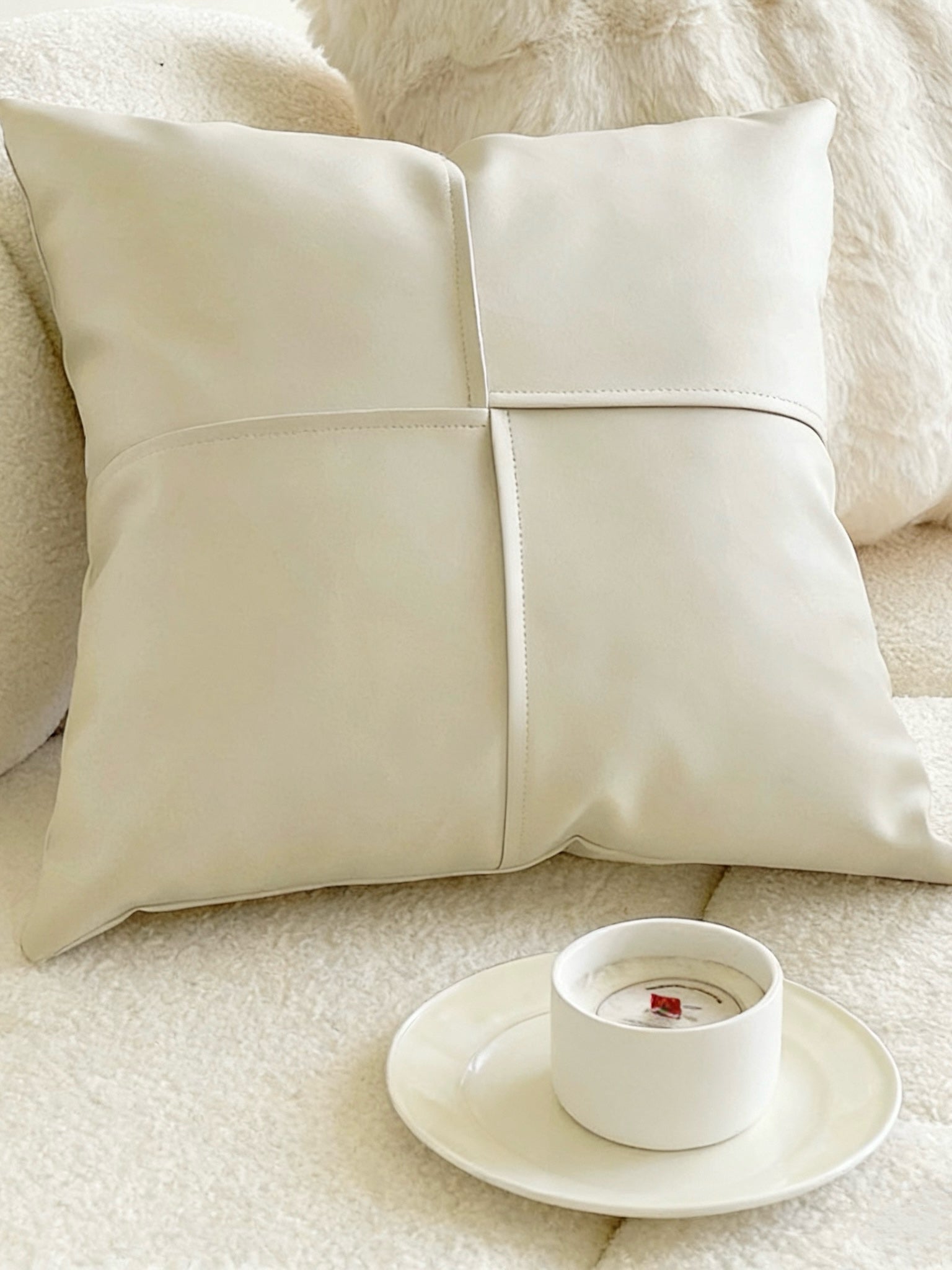 Cream White Square PU Leather Decorative Pillow