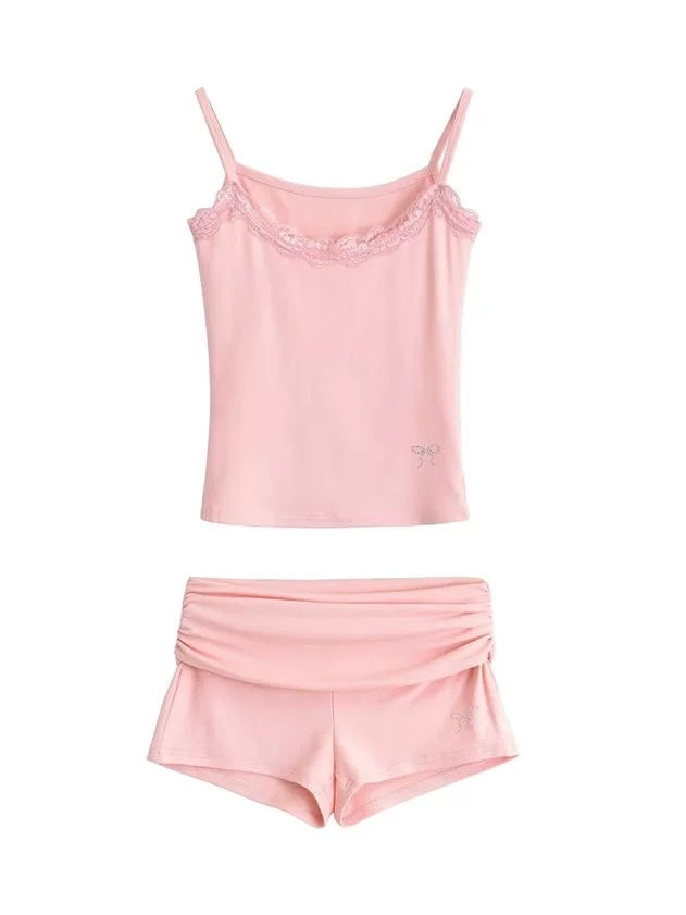 Lace Trim Ruched Cami Top & Rhinestone Hem Pants Set