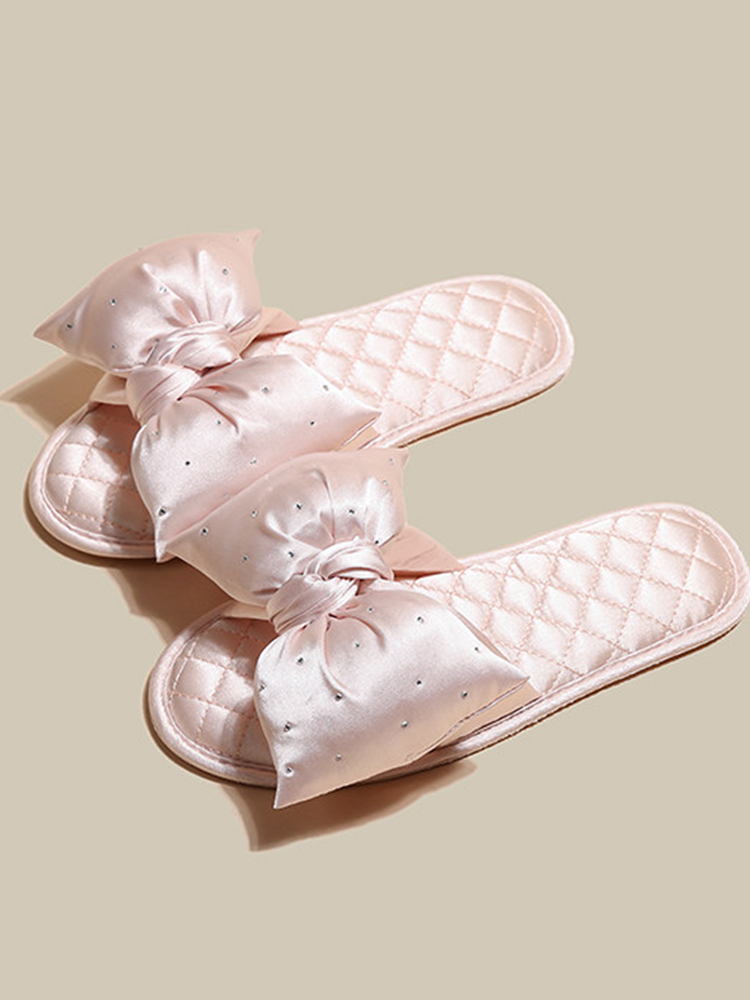 Cute Satin Bow House Slippers Soft Sole Non Slip Indoor