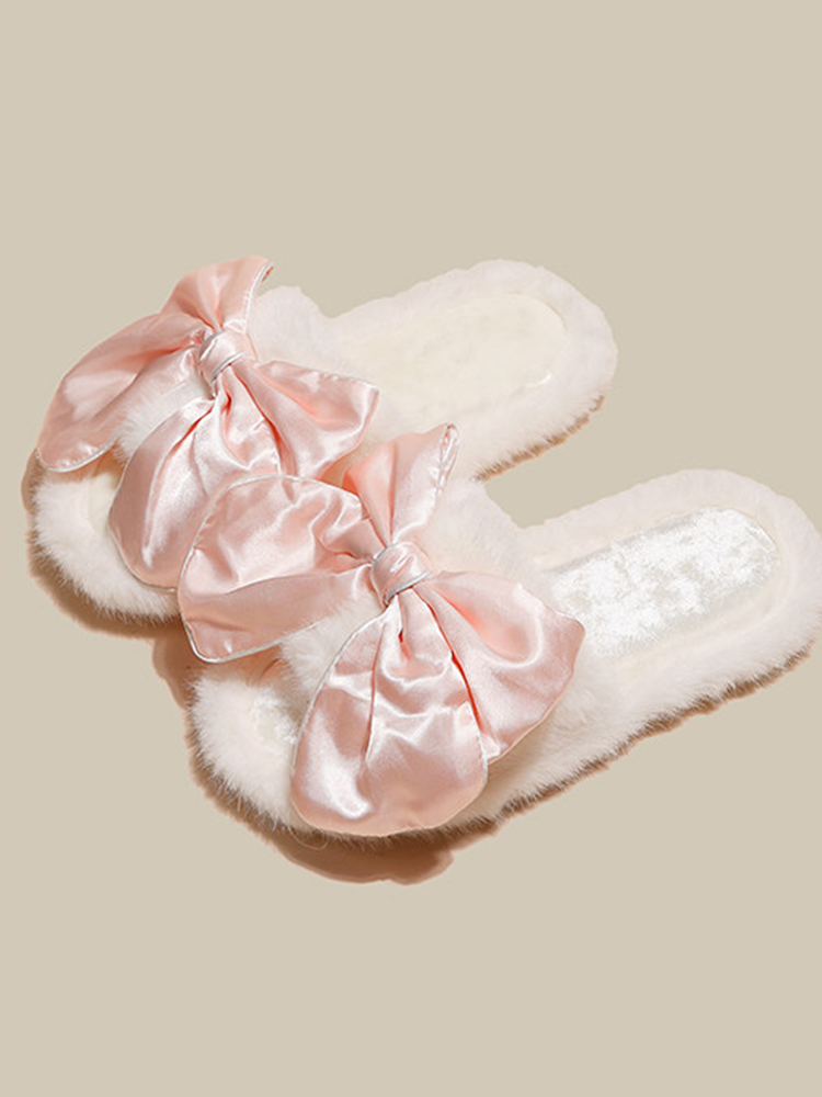 Cute Bow Fuzzy House Slippers Winter Soft Sole Non Slip Warm