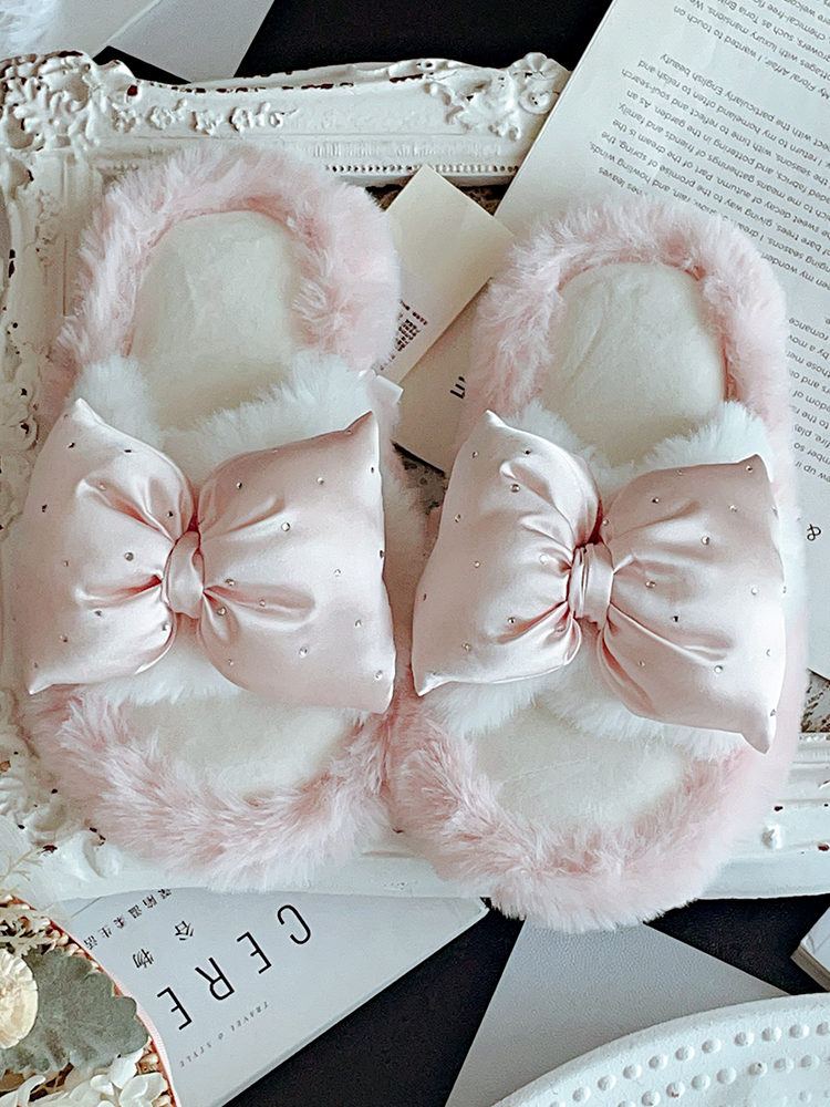 French Elegant Bow Fuzzy House Slippers Winter Soft Sole Non Slip Warm