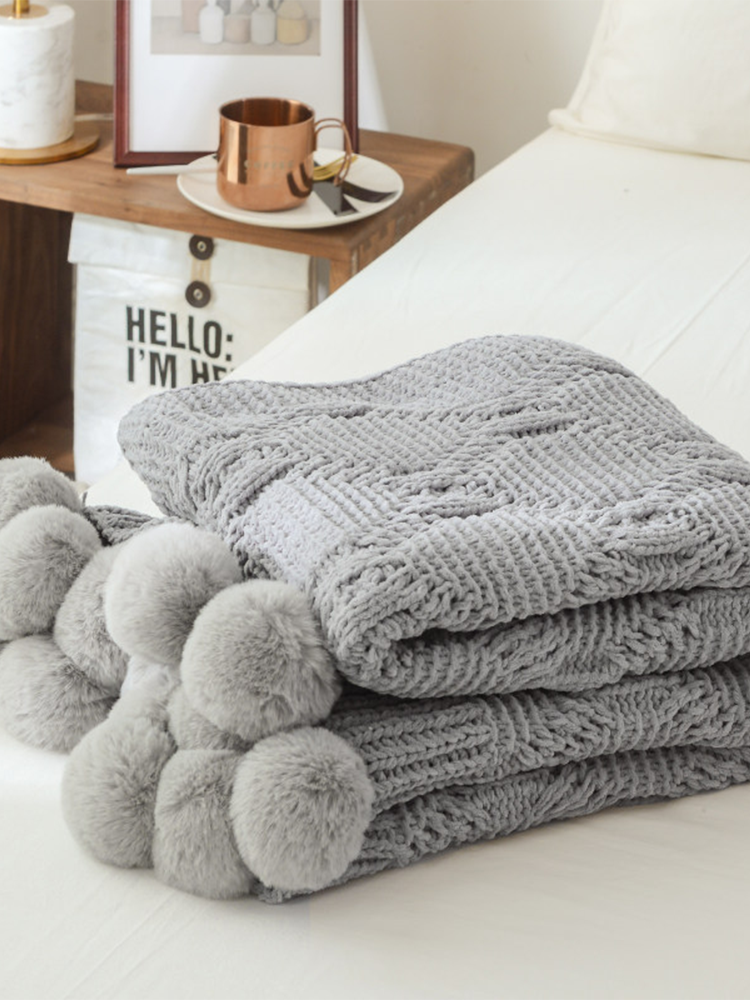 Minimalist Knitted Pom Pom Throw Blanket