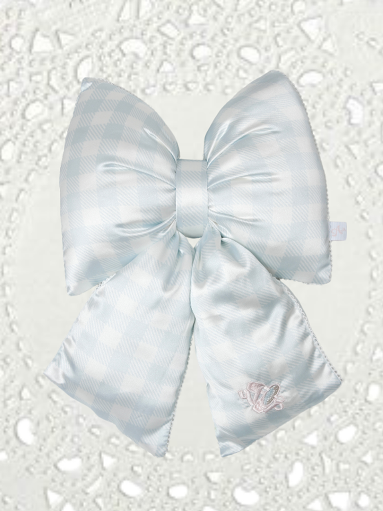 Original Ballet Blue White Check Bow Satin Throw Pillow