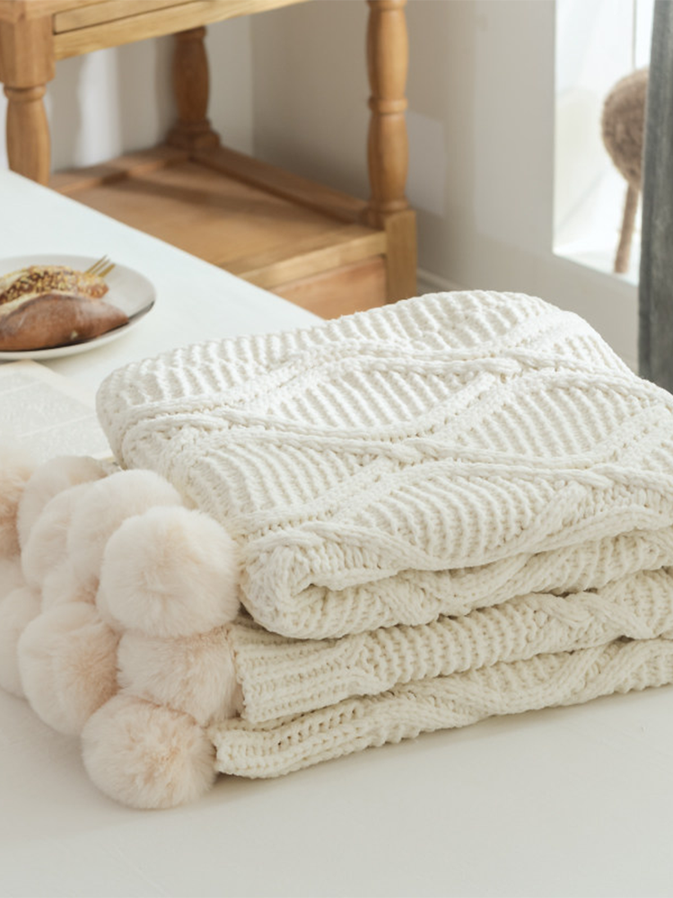 Minimalist Knitted Pom Pom Throw Blanket