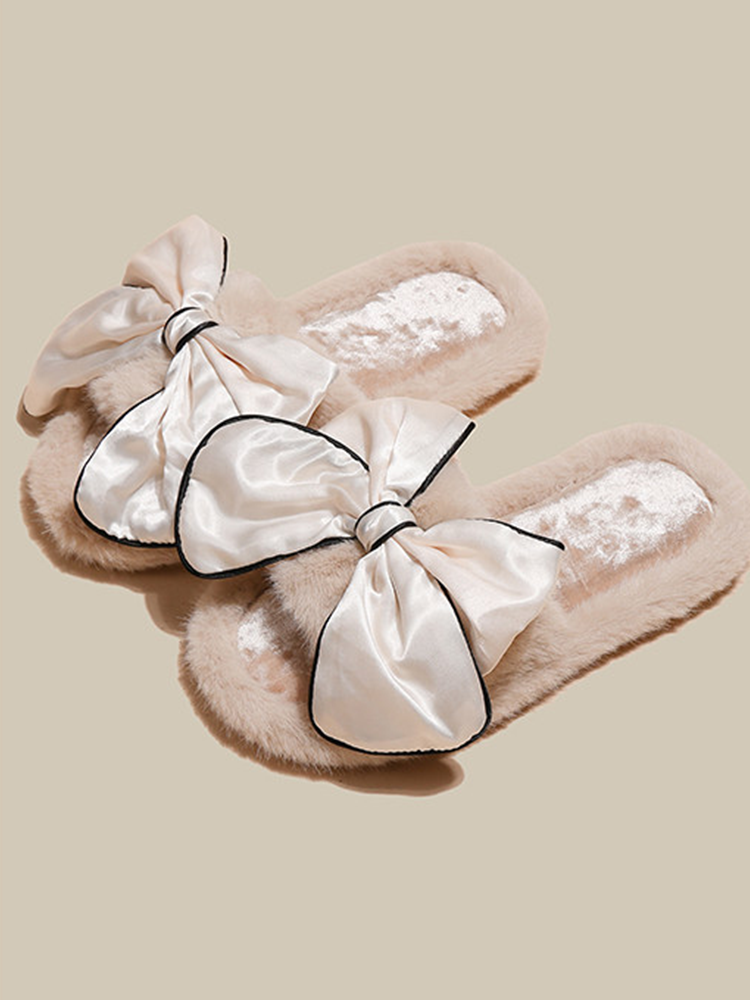 Cute Bow Fuzzy House Slippers Winter Soft Sole Non Slip Warm