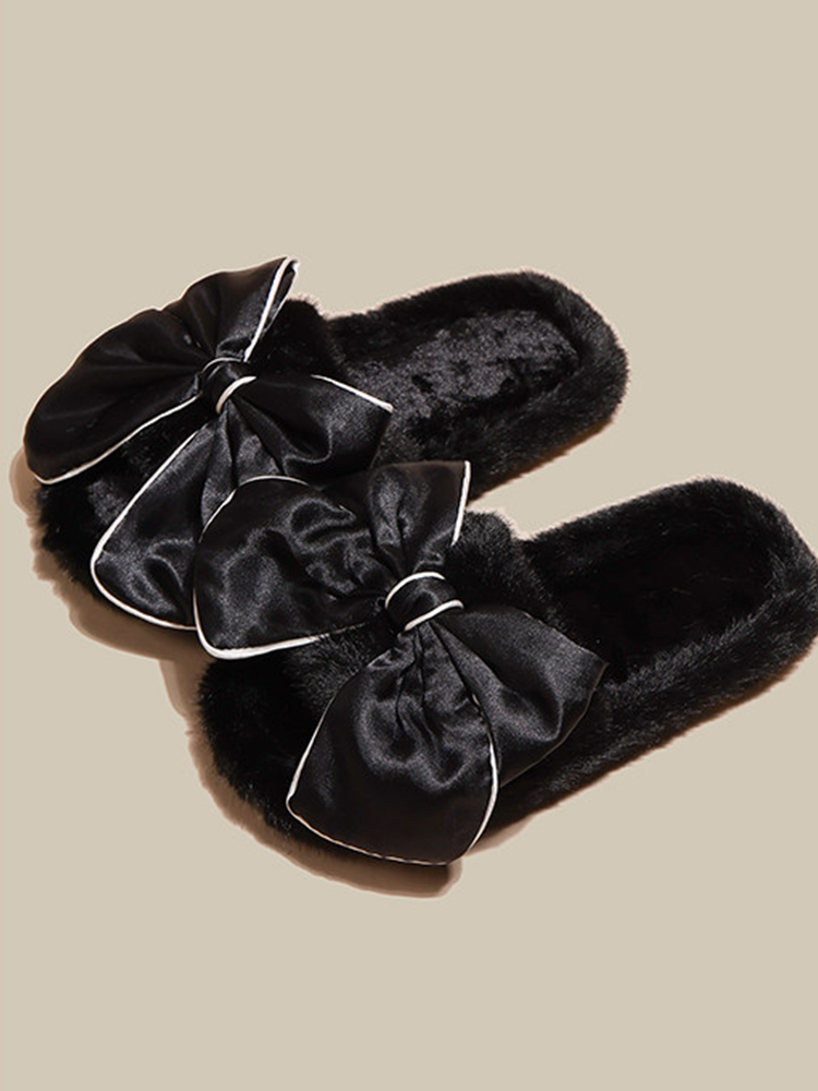 Cute Bow Fuzzy House Slippers Winter Soft Sole Non Slip Warm