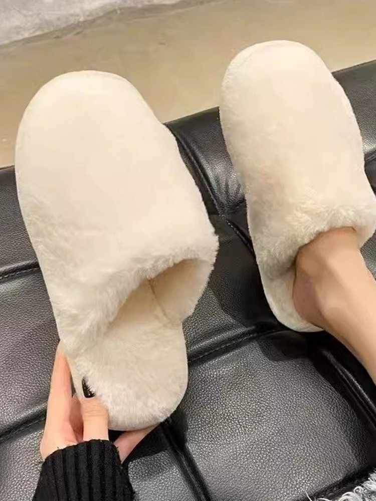 Cute Bow Plaid Closed-Toe Fuzzy House Slippers Winter Non Slip Warm