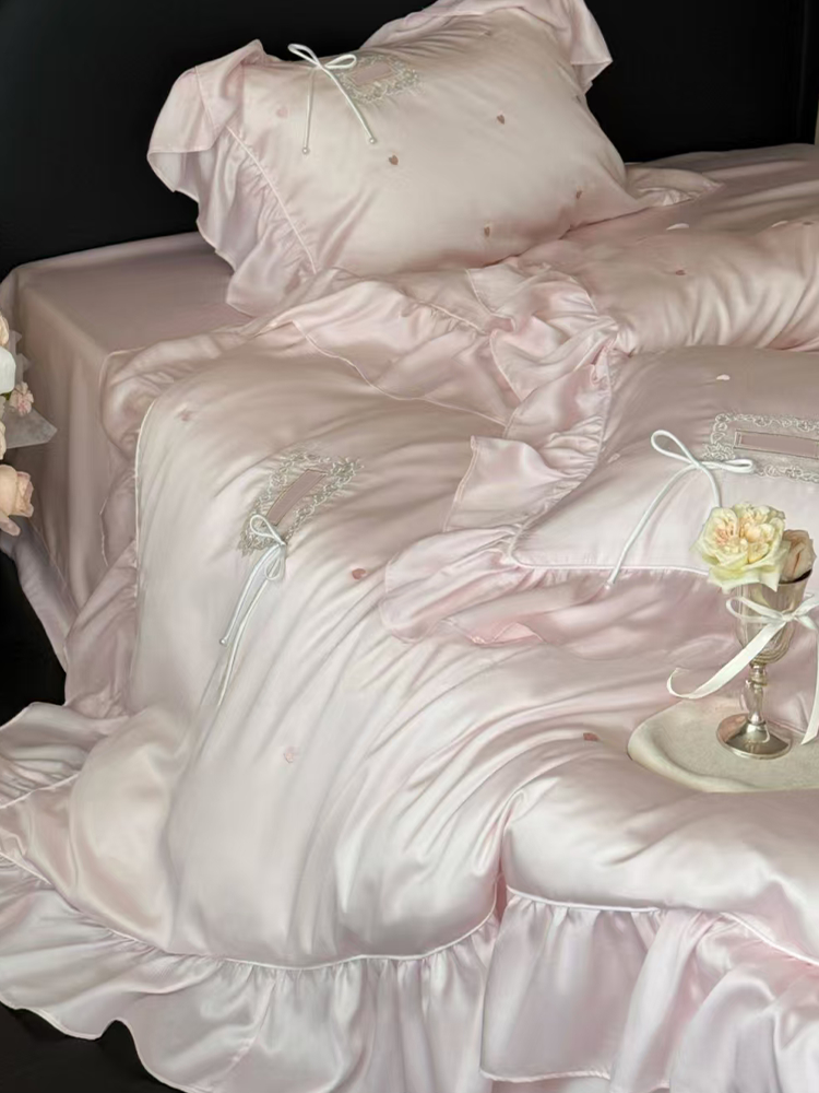 French Sweet Tencel Bedding Set Embroidered Silky Lace Summer Flat Sheet