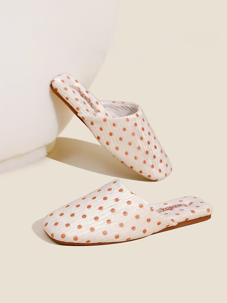 Vintage Polka Dot Crinkle Fabric House Slippers Warm Indoor