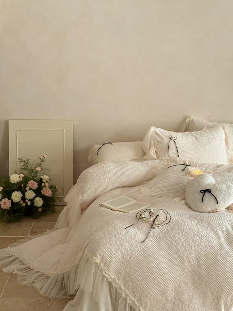 French Winter Ultra Soft Plush Fleece Bedding Set Romantic Lace Flat Sheet