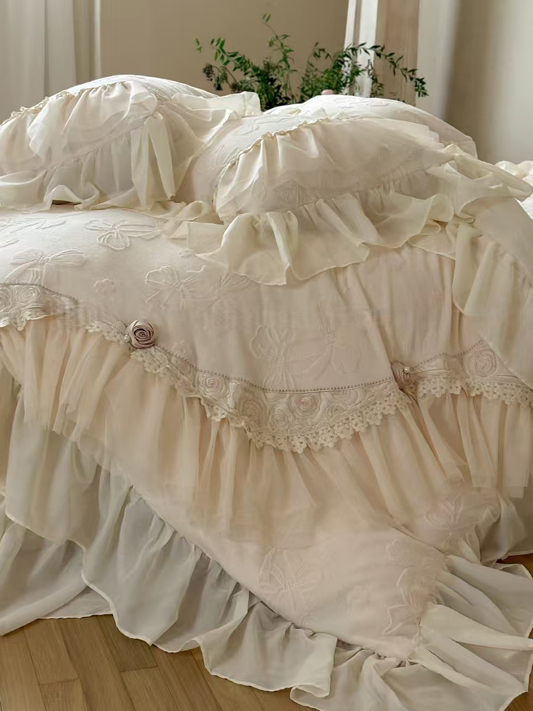 French Romantic Plush Ultra Soft Plush Fleece Bedding Set Embossed Lace Flat Sheet
