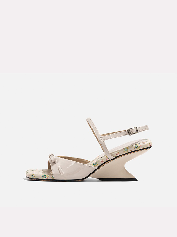 Floral Wedge Sandals with Bow & Block Heel