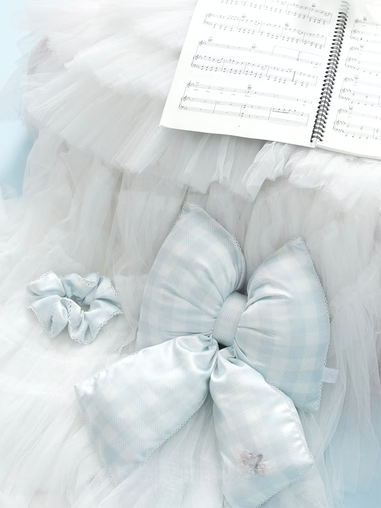 Original Ballet Blue White Check Bow Satin Throw Pillow