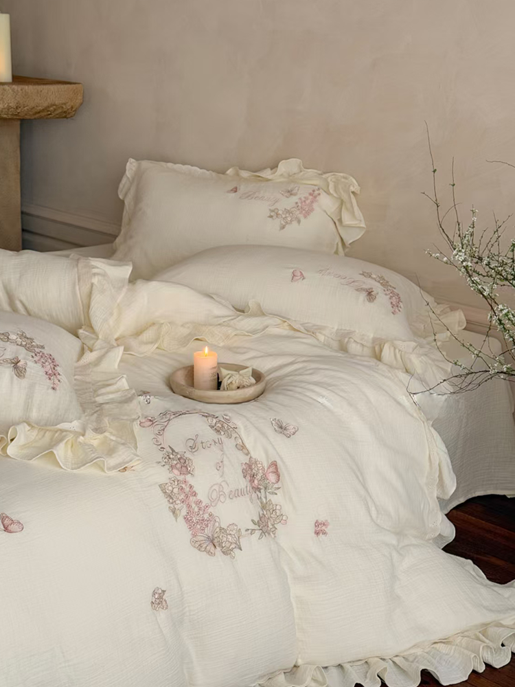 French Gentle Cotton Gauze Bedding Set Embroidered Lace Flat Sheet