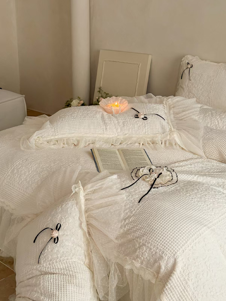 French Winter Ultra Soft Plush Fleece Bedding Set Romantic Lace Flat Sheet