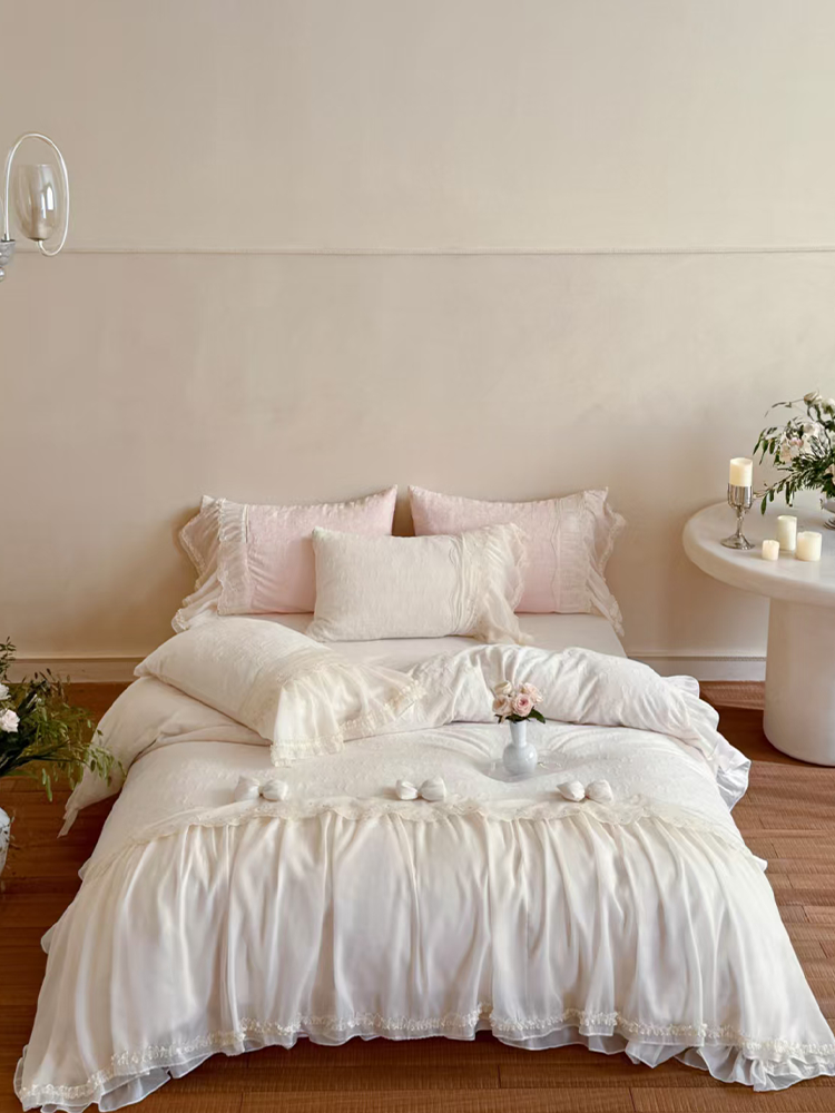 French Romantic Plush Ultra Soft Plush Fleece Bedding Set Lace Flat Sheet