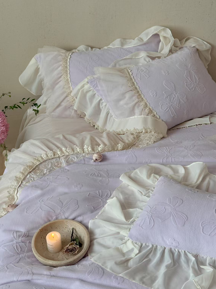 French Romantic Plush Ultra Soft Plush Fleece Bedding Set Embossed Lace Flat Sheet