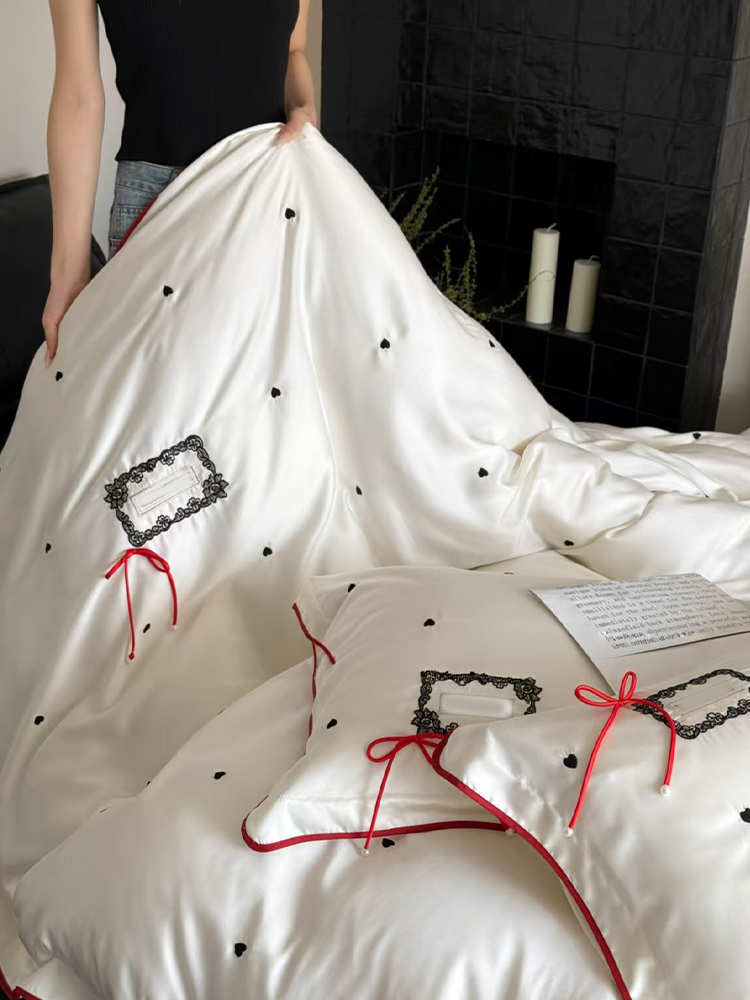 French Sweet Tencel Bedding Set Embroidered Silky Lace Summer Flat Sheet