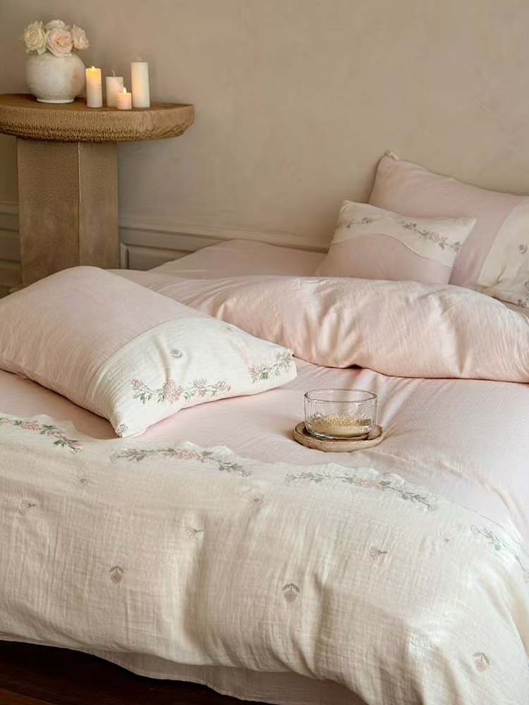 Fresh Pink Cotton Gauze Bedding Set Embroidered Soft Flat Sheet