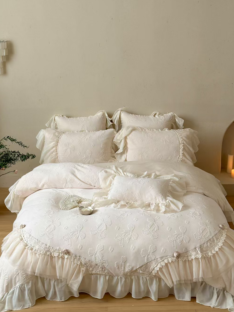 French Romantic Plush Ultra Soft Plush Fleece Bedding Set Embossed Lace Flat Sheet