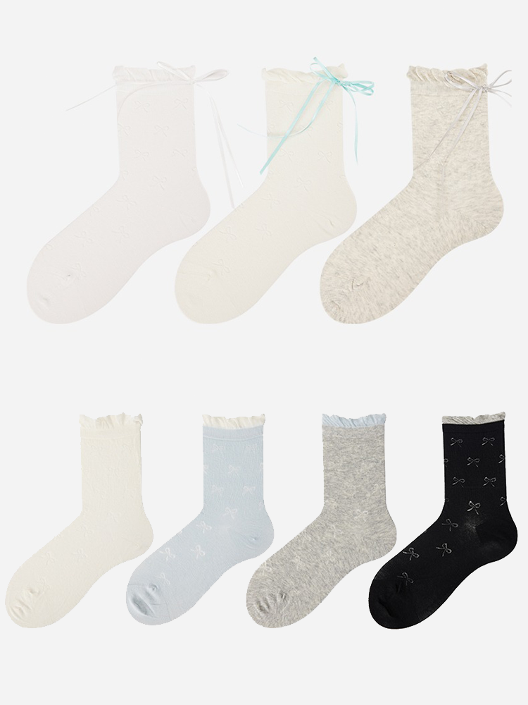 White Bow Mesh Balletcore Mid-Calf Socks