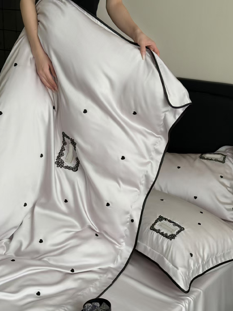 French Sweet Tencel Bedding Set Embroidered Silky Lace Summer Flat Sheet