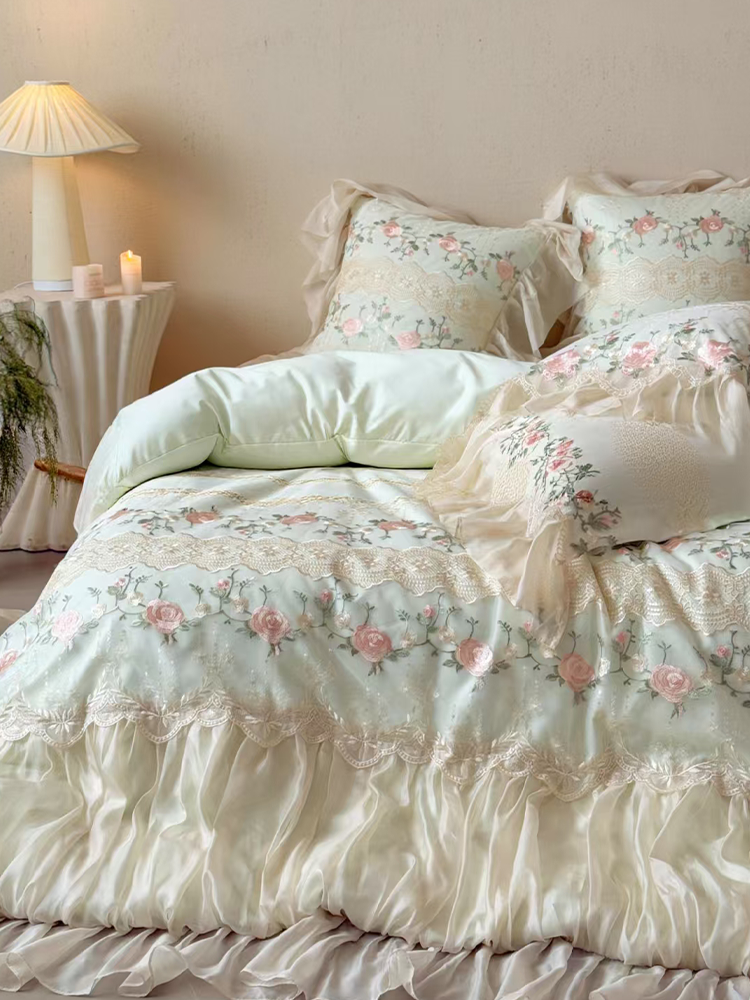 French Cotton Bedding Set Embroidered Lace Princess Rose Flat Sheet