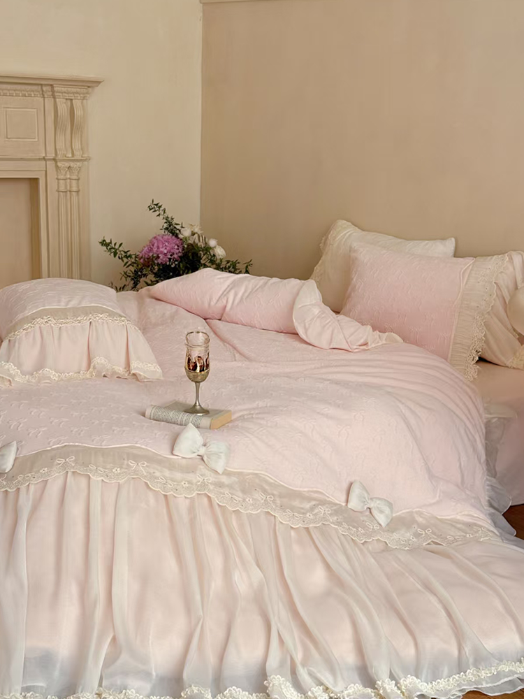 French Romantic Plush Ultra Soft Plush Fleece Bedding Set Lace Flat Sheet