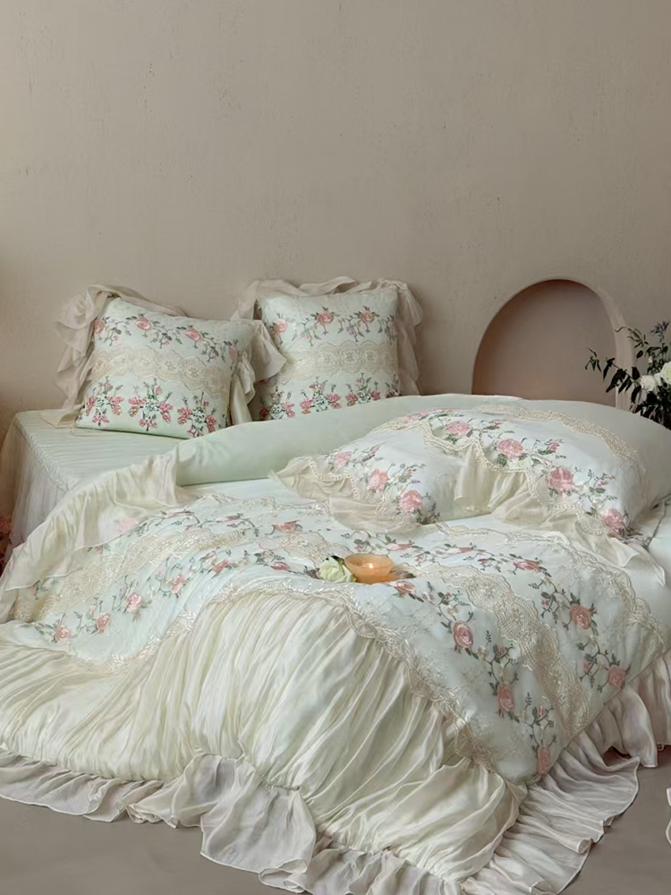 French Cotton Bedding Set Embroidered Lace Princess Rose Flat Sheet