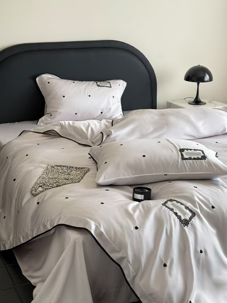 French Sweet Tencel Bedding Set Embroidered Silky Lace Summer Flat Sheet