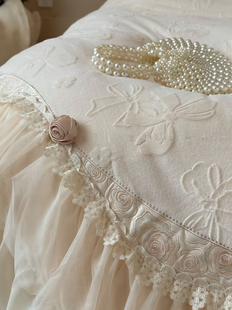 French Romantic Plush Ultra Soft Plush Fleece Bedding Set Embossed Lace Flat Sheet