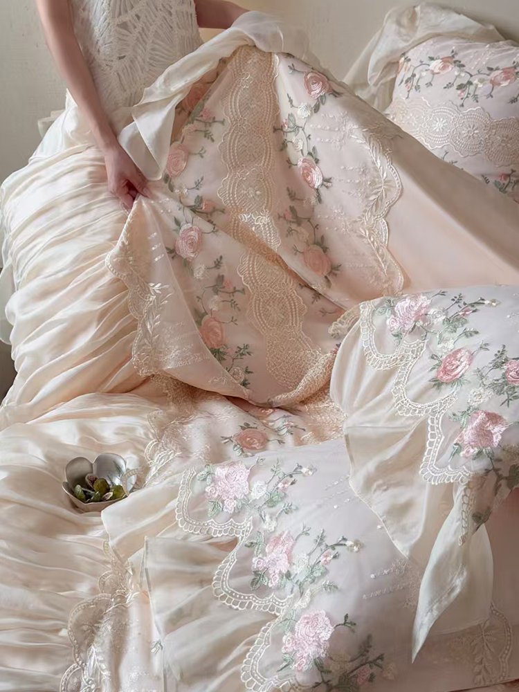 French Cotton Bedding Set Embroidered Lace Princess Rose Flat Sheet