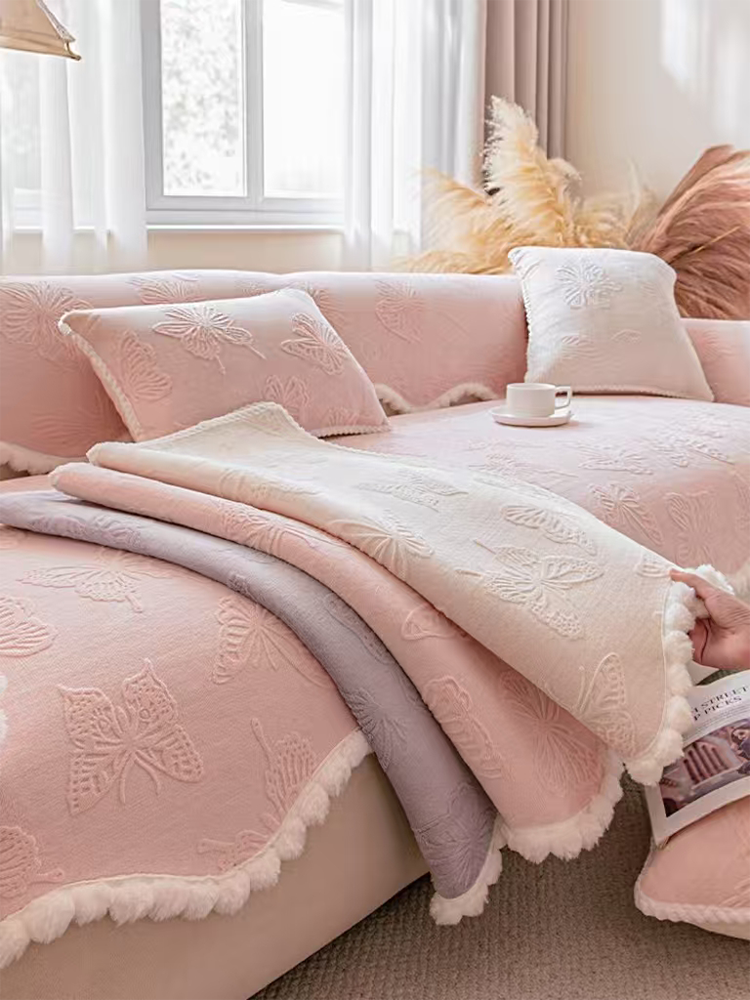 Pink Plush Non Slip Sofa Cover Winter Thickened