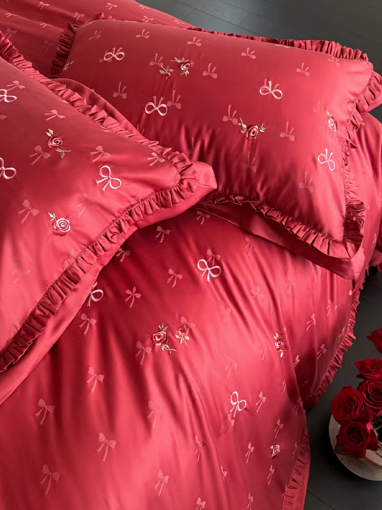 Fresh Bow Jacquard Tencel Cotton Blend Bedding Set Rose Embroidered Flat Sheet