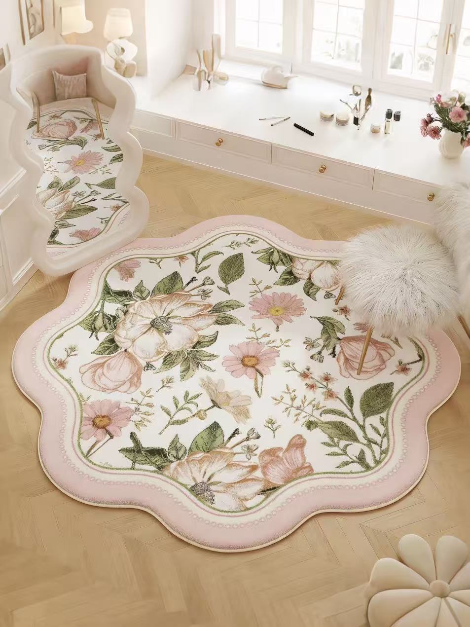 Luxury Floral Pink Accent Rugs Irregular Shape Non Slip