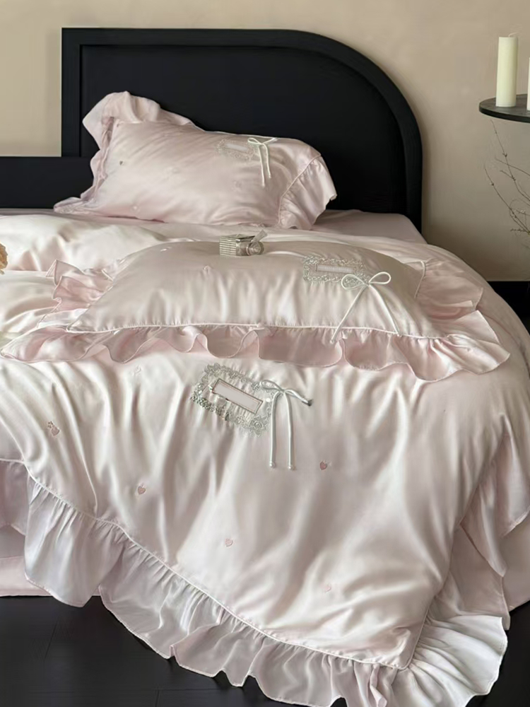 French Sweet Tencel Bedding Set Embroidered Silky Lace Summer Flat Sheet