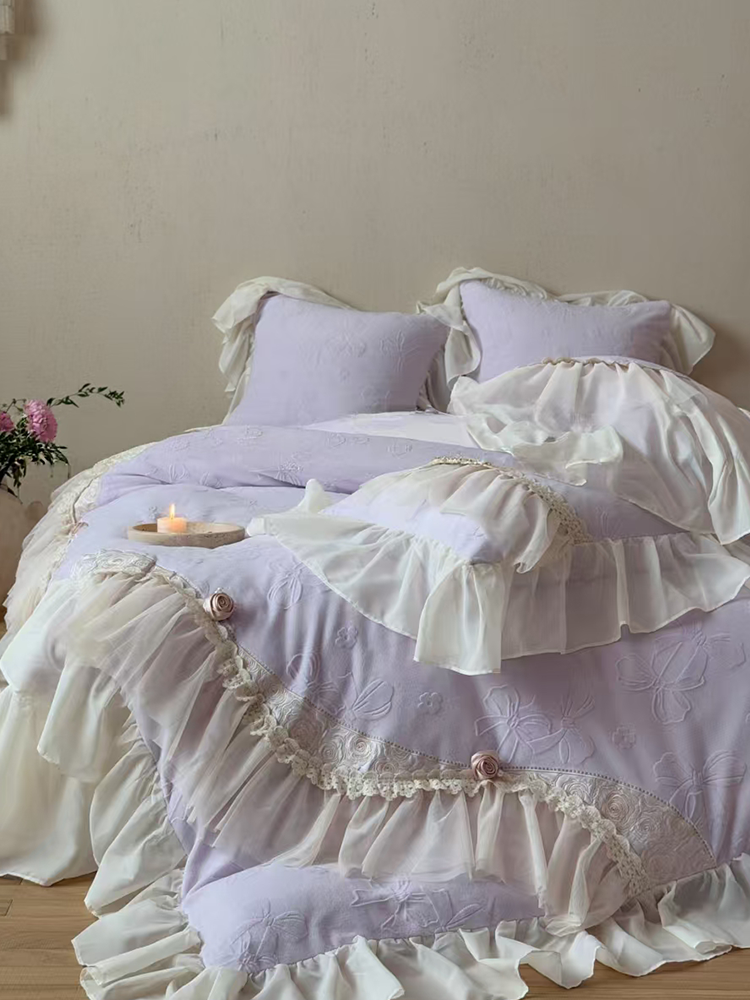 French Romantic Plush Ultra Soft Plush Fleece Bedding Set Embossed Lace Flat Sheet