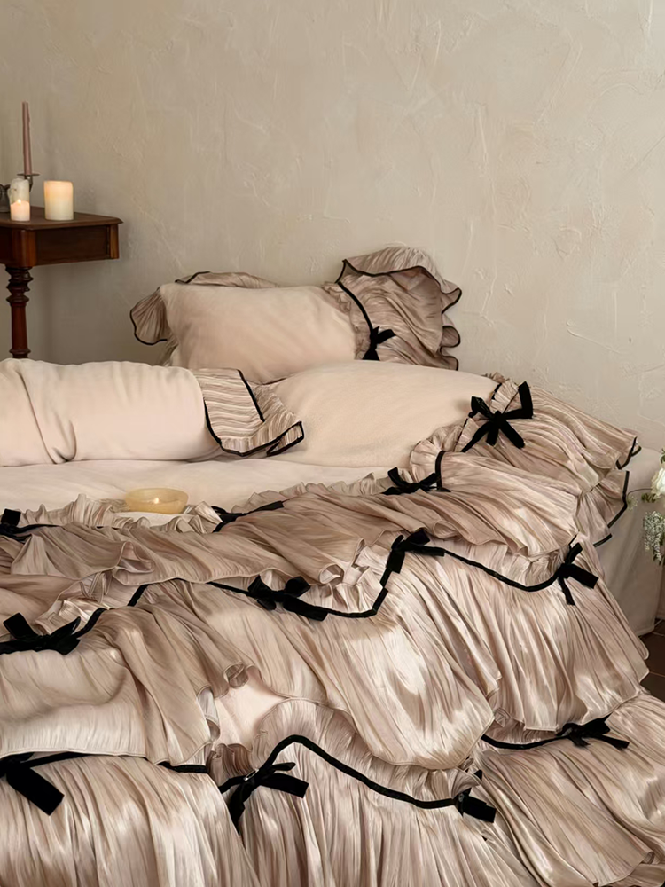 French Romantic Winter Ultra Soft Plush Fleece Bedding Set Ruffle Flat Sheet