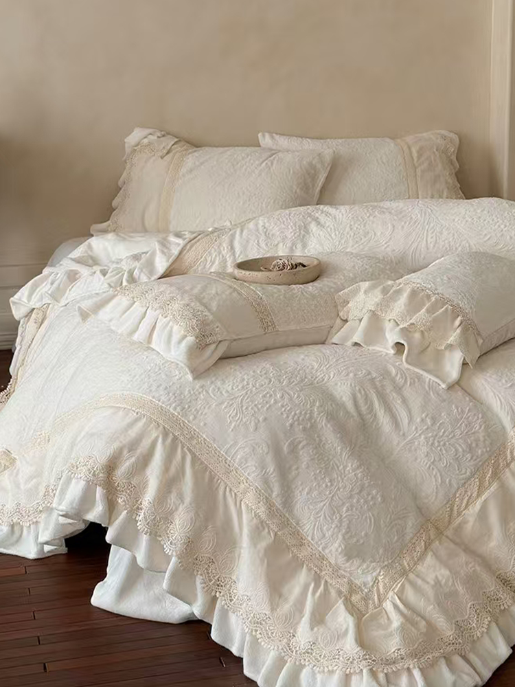 French Winter Ultra Soft Plush Fleece Bedding Set Carved Cream Lace Flat Sheet