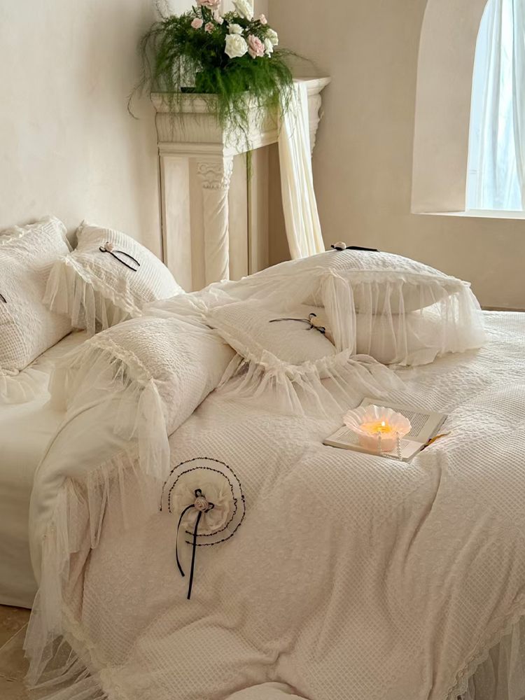 French Winter Ultra Soft Plush Fleece Bedding Set Romantic Lace Flat Sheet