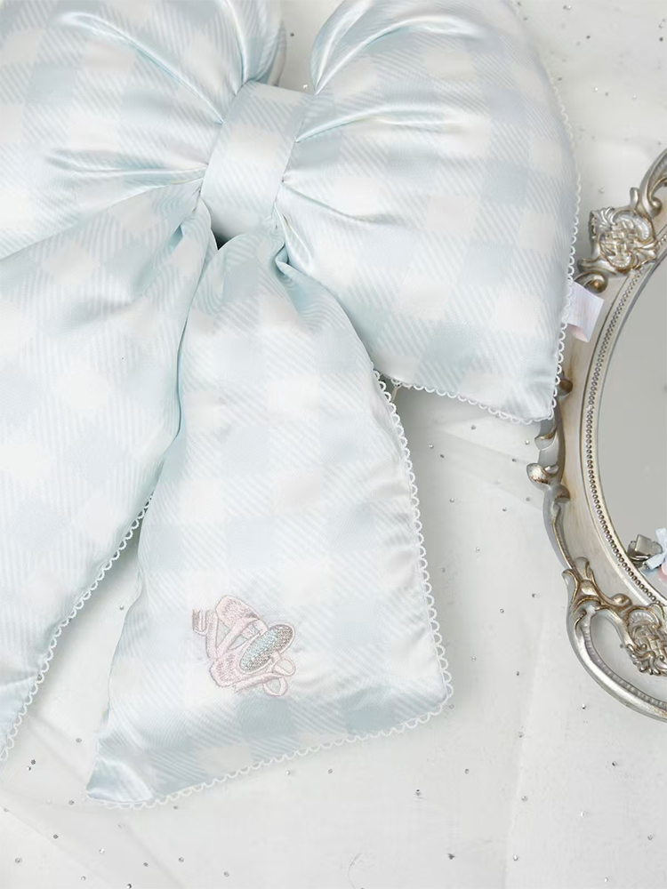 Original Ballet Blue White Check Bow Satin Throw Pillow