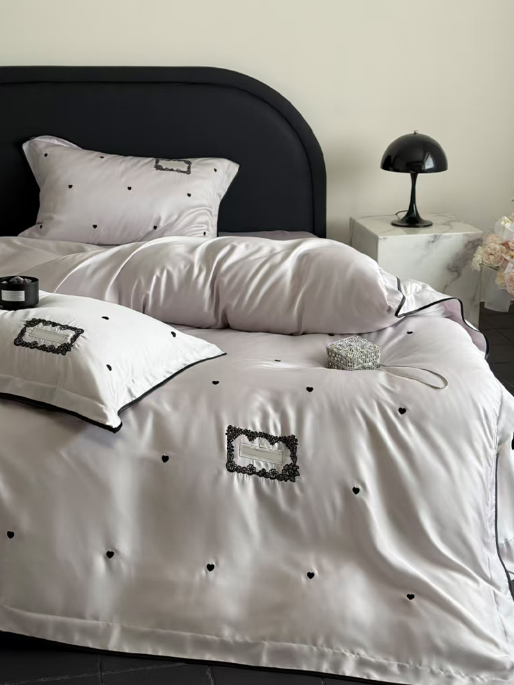 French Sweet Tencel Bedding Set Embroidered Silky Lace Summer Flat Sheet