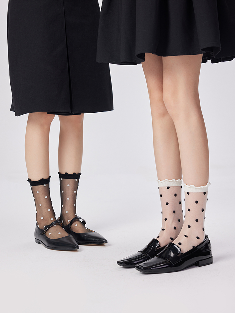 Summer Sheer Mid-Calf Socks Lace Polka Dot Sweet Look with Loafers - Yangma
