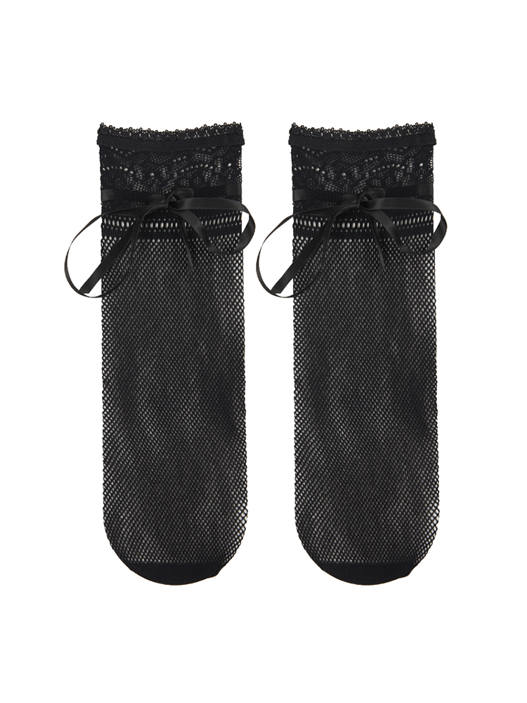 Thin Solid Color Lace-Up Mid-Calf Hollow Lace Slouch Socks - Yangma